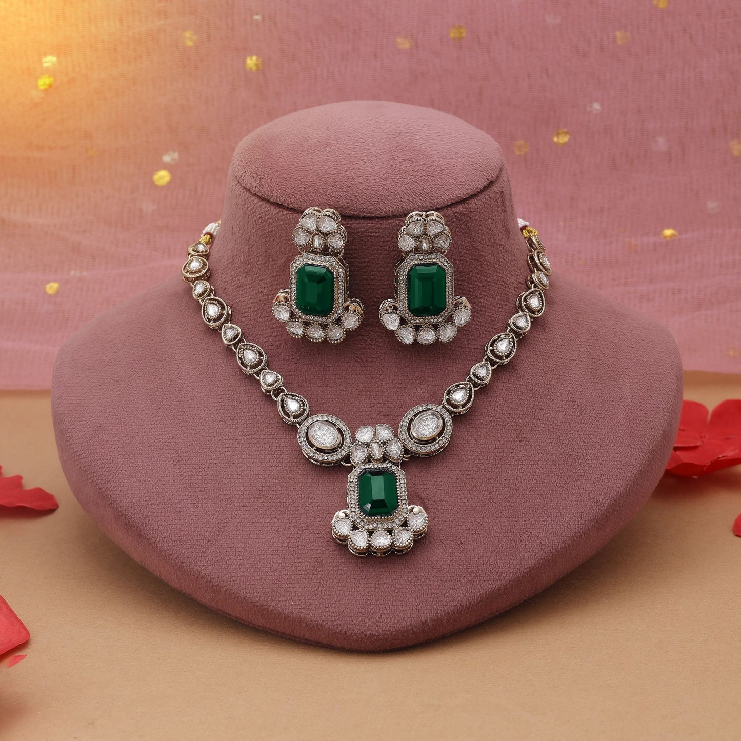Green Color Kundan Necklace Set Inspired By Classic Indian Craftsmanship