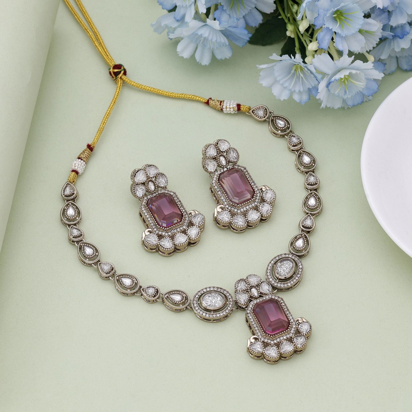Magenta Color Kundan Necklace Set Designed For Luxurious Festive Looks