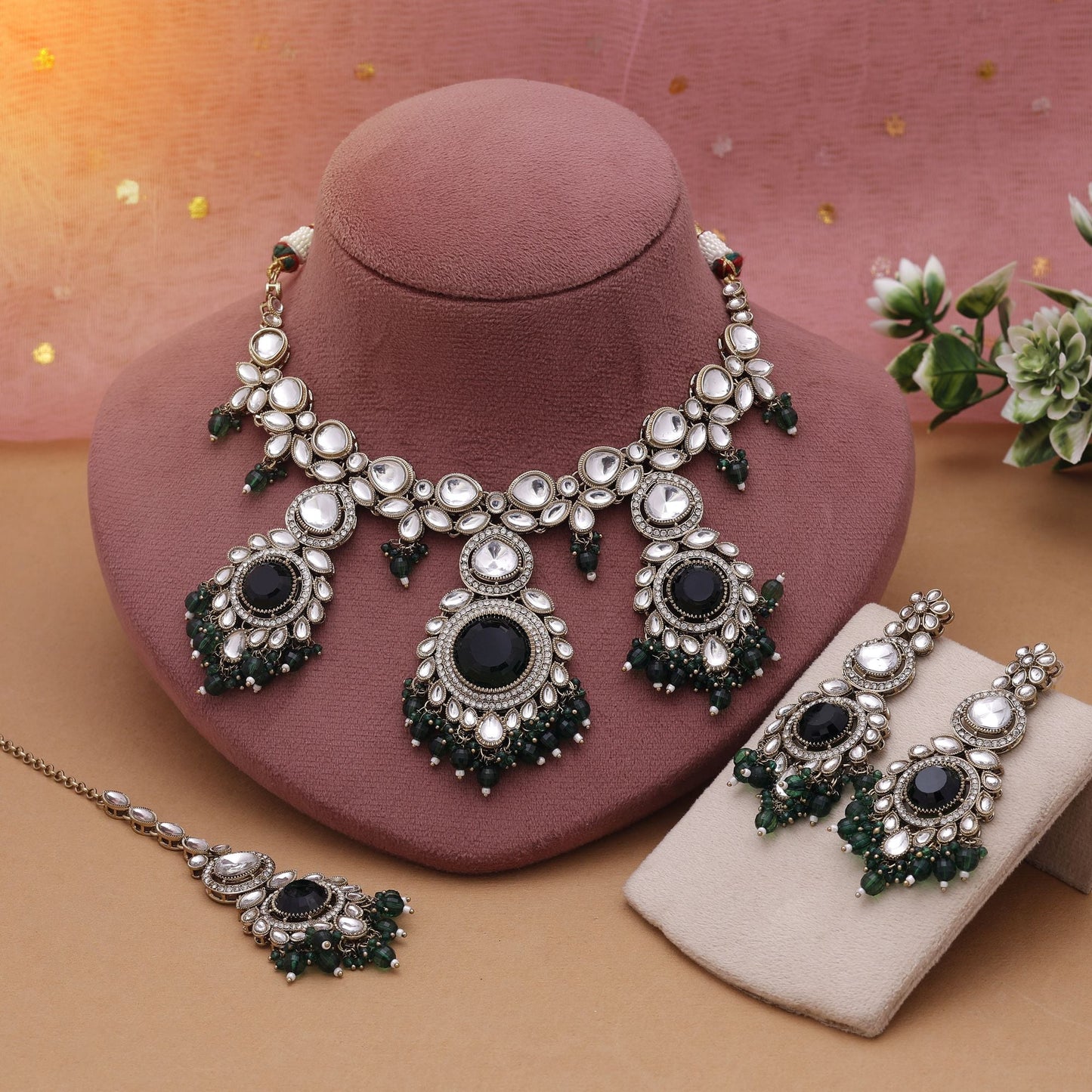 Green Color Kundan Necklace Set With Premium Stones And Traditional Design