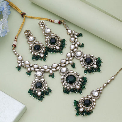 Green Color Kundan Necklace Set With Premium Stones And Traditional Design