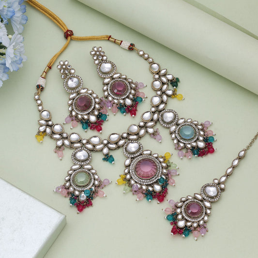 Multi Color Kundan Necklace Set Designed For Vibrant Festive Occasions