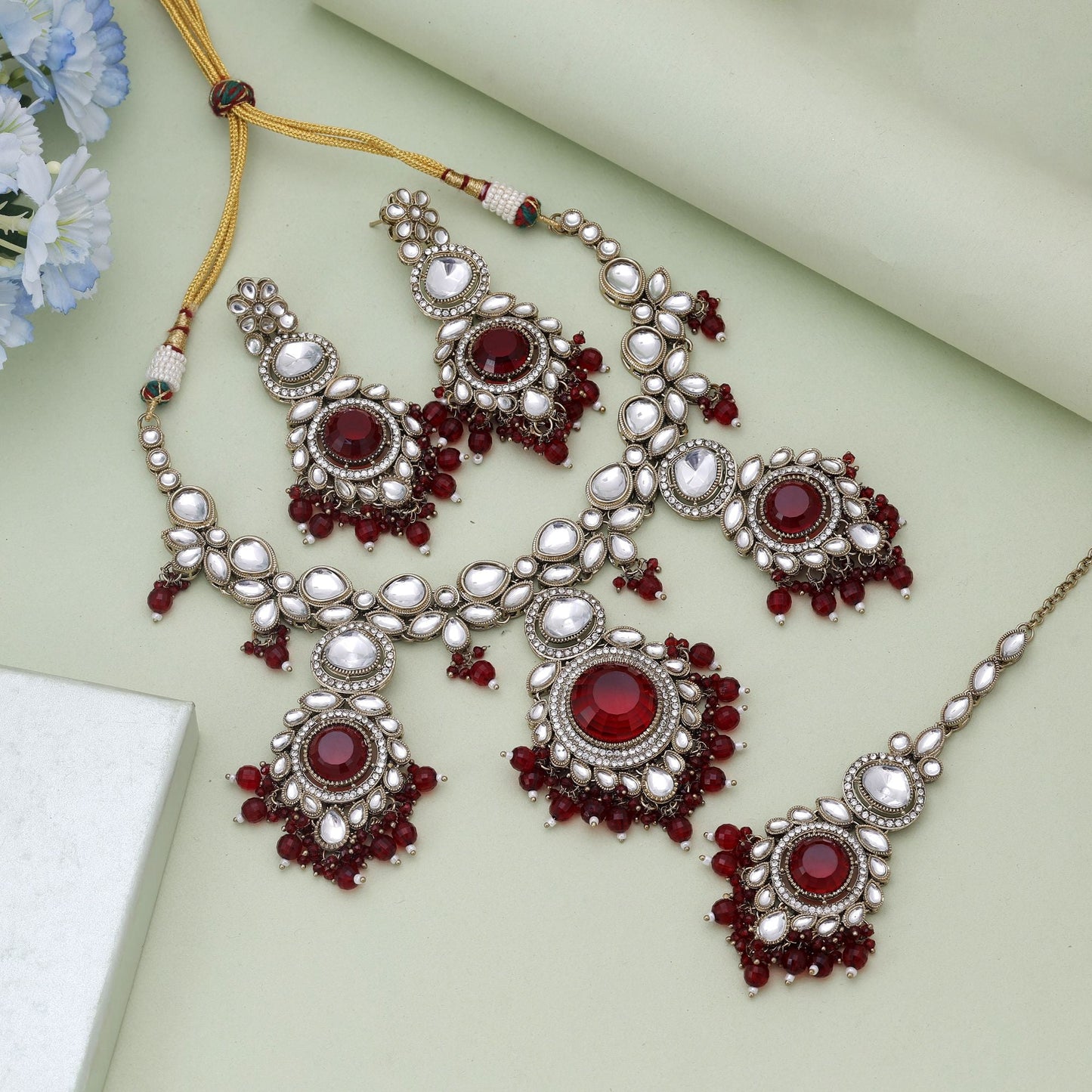 Maroon Color Kundan Necklace Set Crafted For Wedding And Cultural Wear