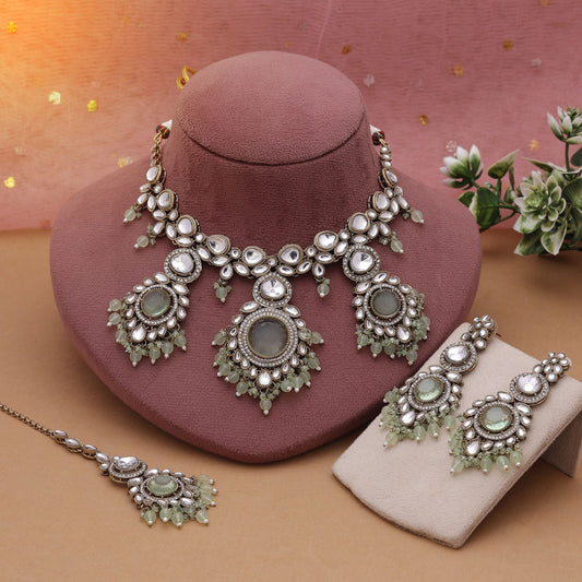 Pista Green Color Kundan Necklace Set With Subtle Festive Styling