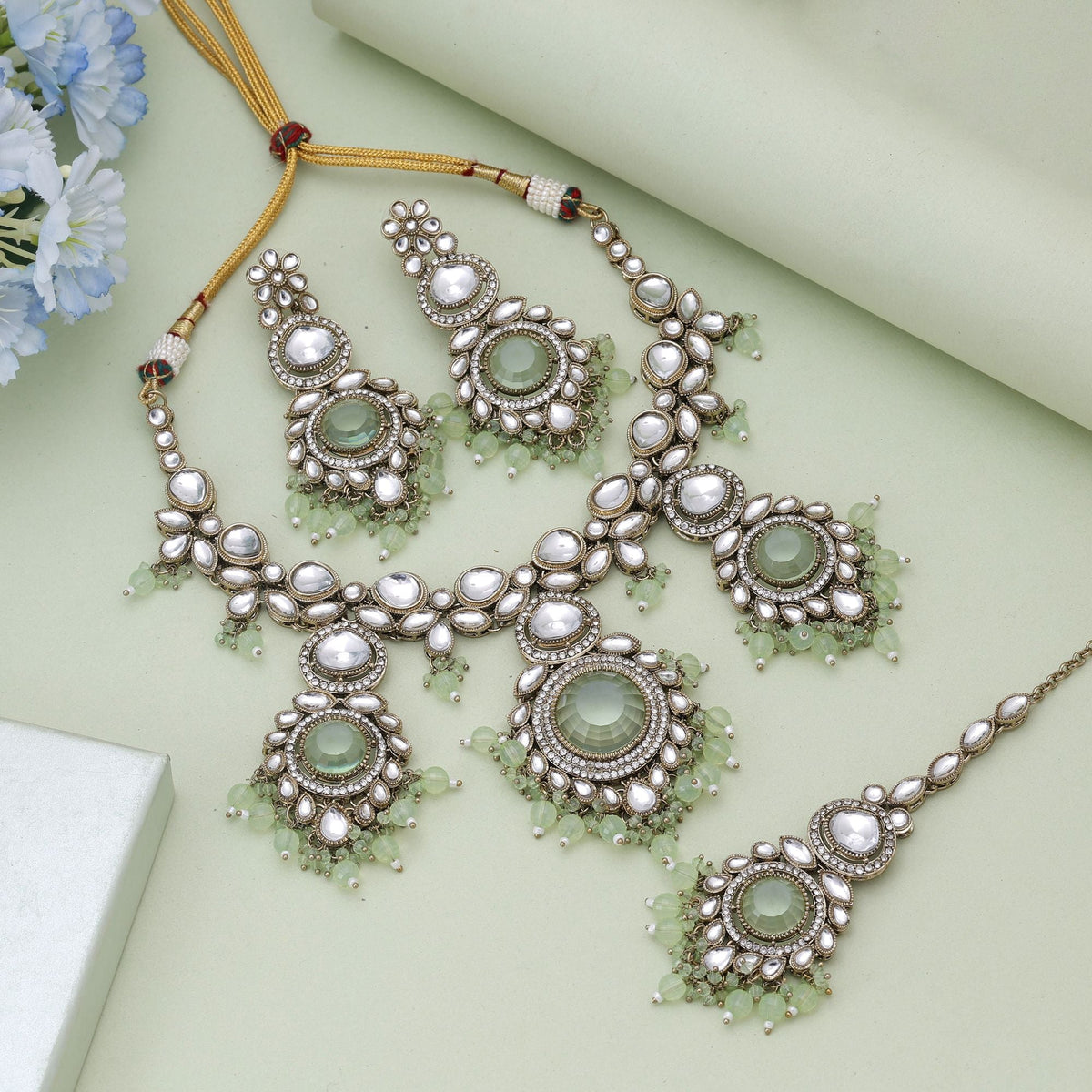 Pista Green Color Kundan Necklace Set With Subtle Festive Styling