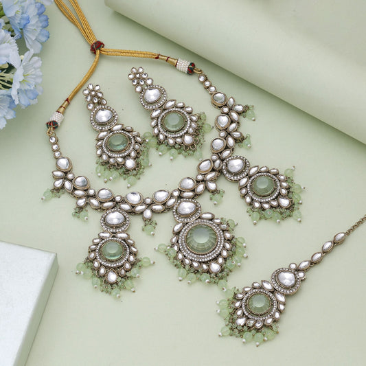 Pista Green Color Kundan Necklace Set With Subtle Festive Styling