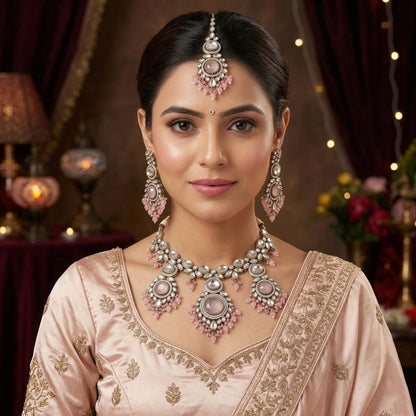 Pinkfarbenes Kundan-Halsketten-Set im modern-traditionellen Stil