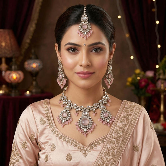 Pink Color Kundan Necklace Set Styled For Modern Traditional Occasions