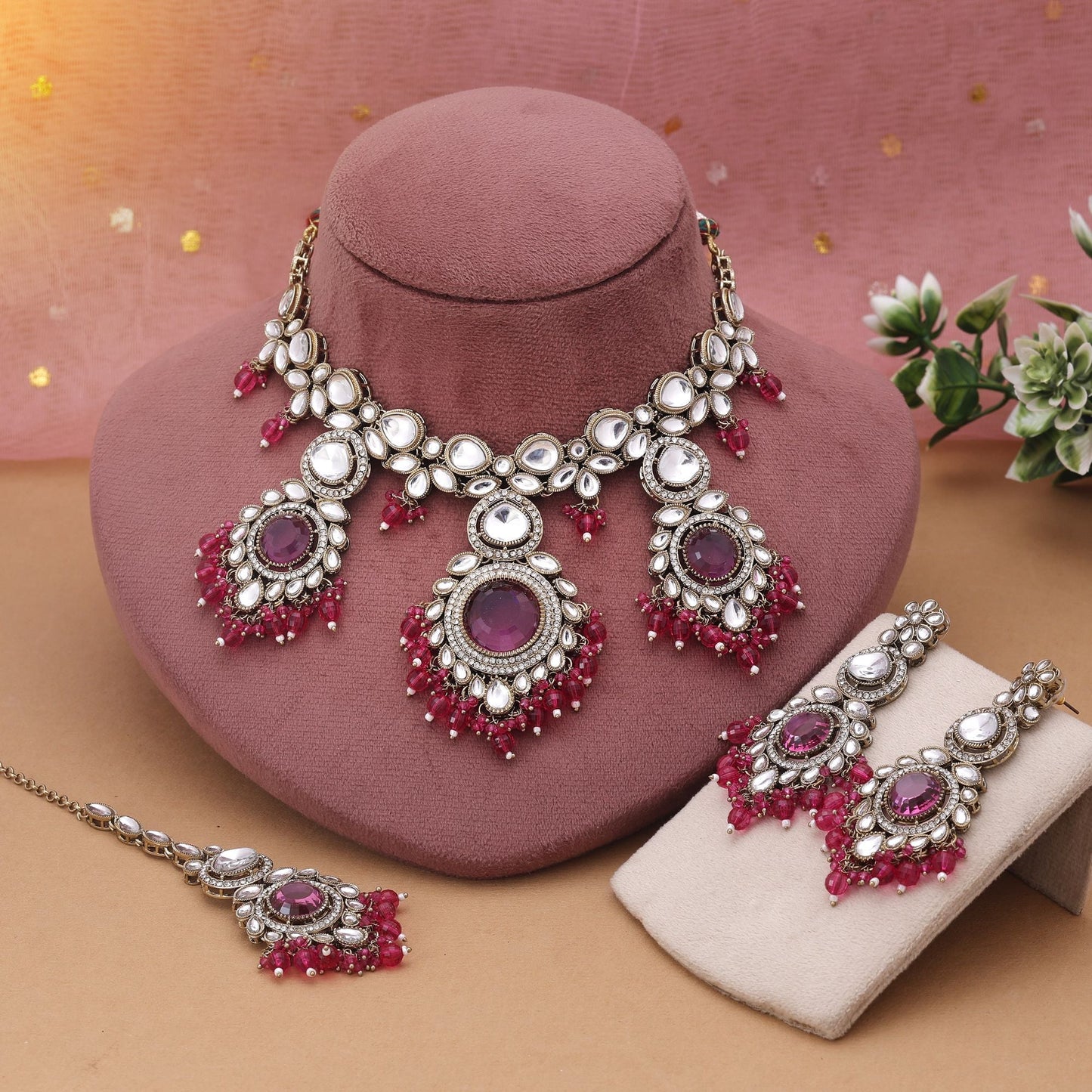 Rani Color Kundan Necklace Set With Royal Bridal Inspired Appeal