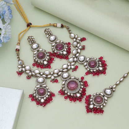 Rani Color Kundan Necklace Set With Royal Bridal Inspired Appeal