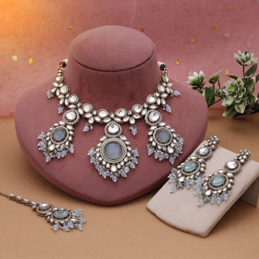 Sky Blue Color Kundan Necklace Set Crafted For Soft Festive Elegance