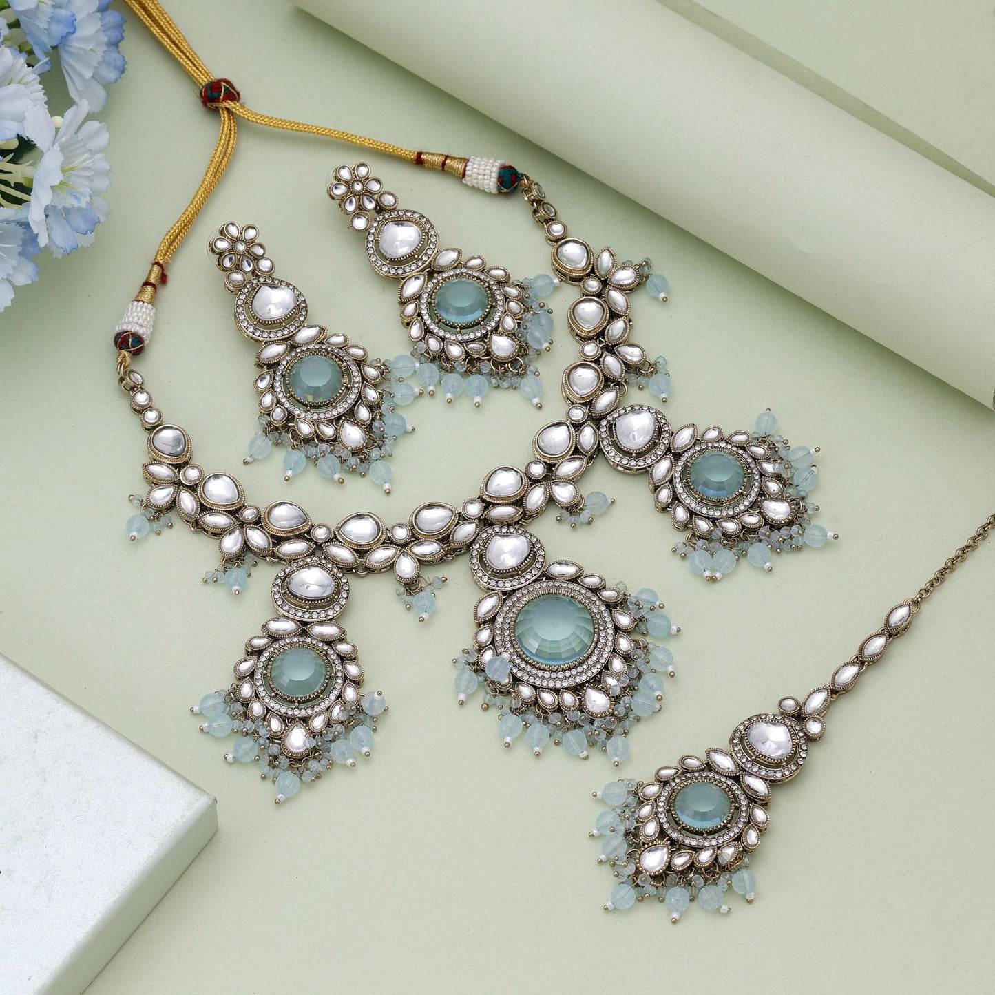 Sky Blue Color Kundan Necklace Set Crafted For Soft Festive Elegance