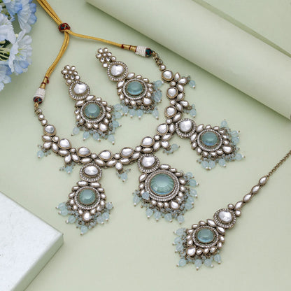Sky Blue Color Kundan Necklace Set Crafted For Soft Festive Elegance