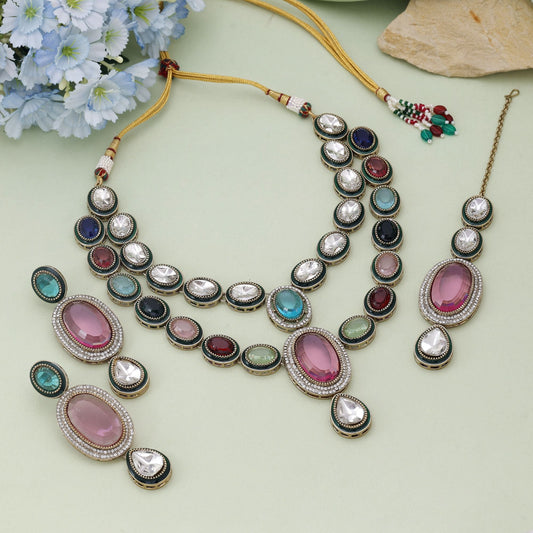 Multi Color Kundan Necklace Set Featuring Rich Detailing For Celebrations
