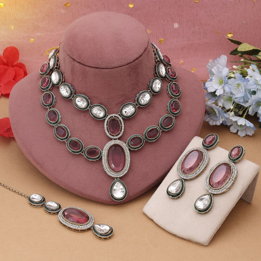 Magenta Color Kundan Necklace Set With Bold Festive Color Expression