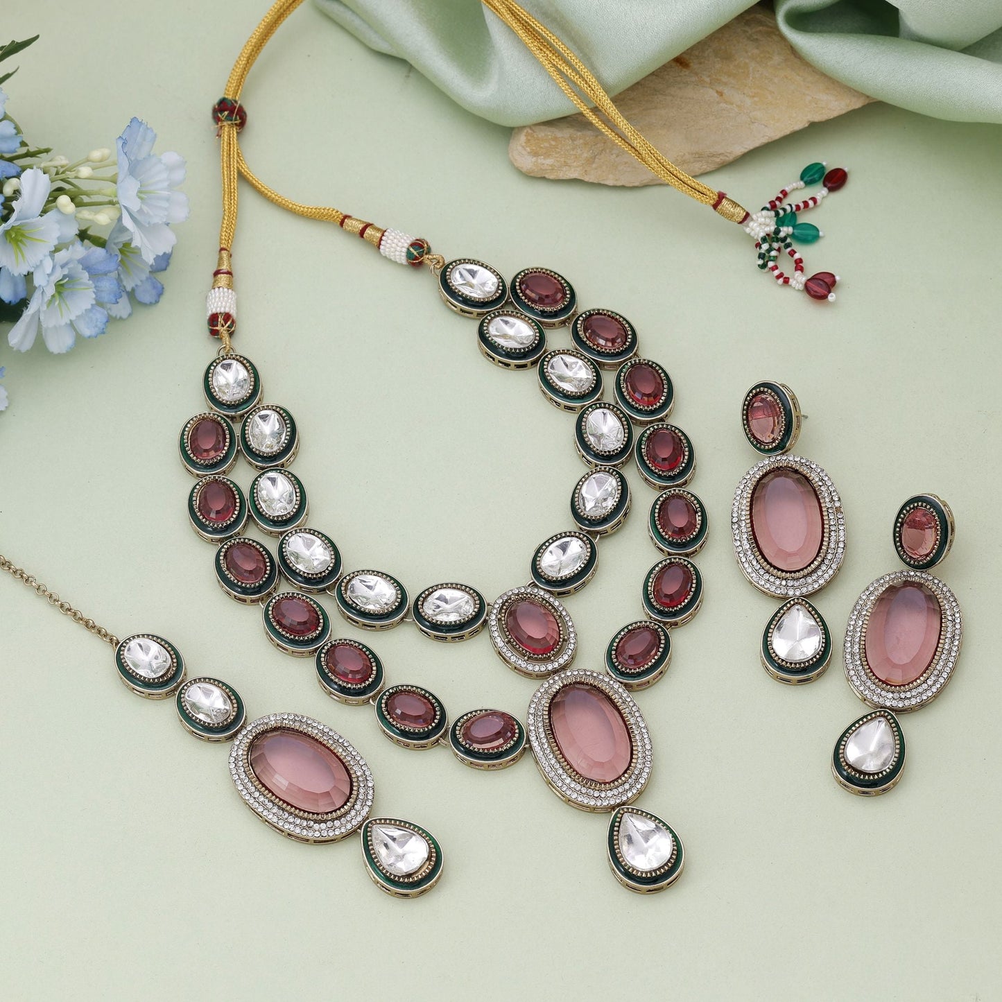 Magenta Color Kundan Necklace Set With Bold Festive Color Expression