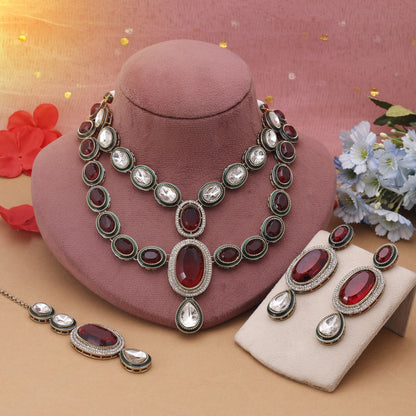 Maroon Color Kundan Necklace Set Inspired By Royal Heritage Jewellery