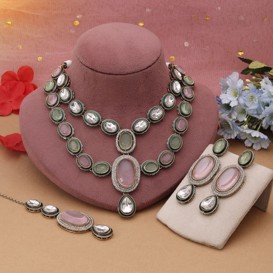 Pink & Pista Green Color Kundan Necklace Set With Dual Tone Royal Finish