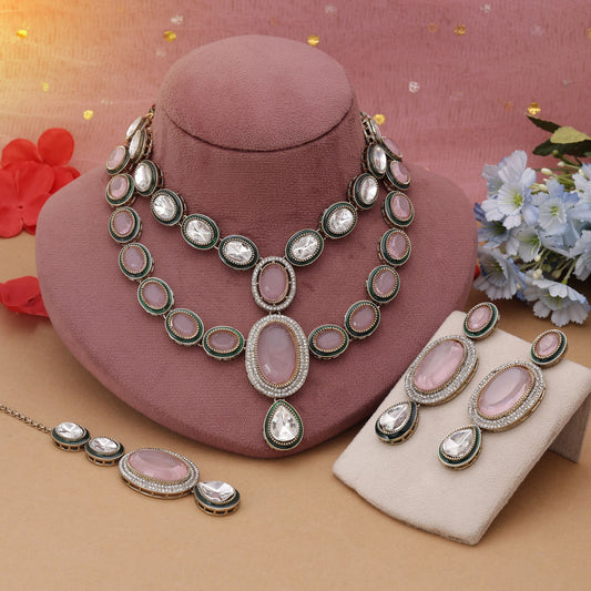Pink Color Kundan Necklace Set Designed For Feminine Wedding Styling