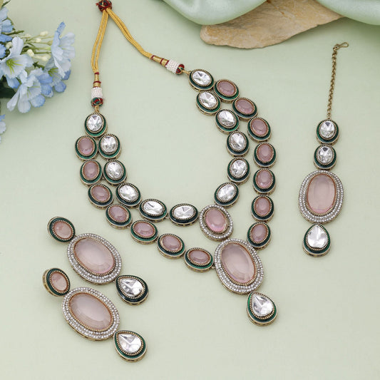 Pink Color Kundan Necklace Set Designed For Feminine Wedding Styling