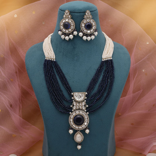 Blue Color Kundan Necklace Set Designed For Graceful Party Wear