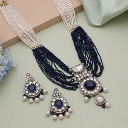 Blue Color Kundan Necklace Set Designed For Graceful Party Wear