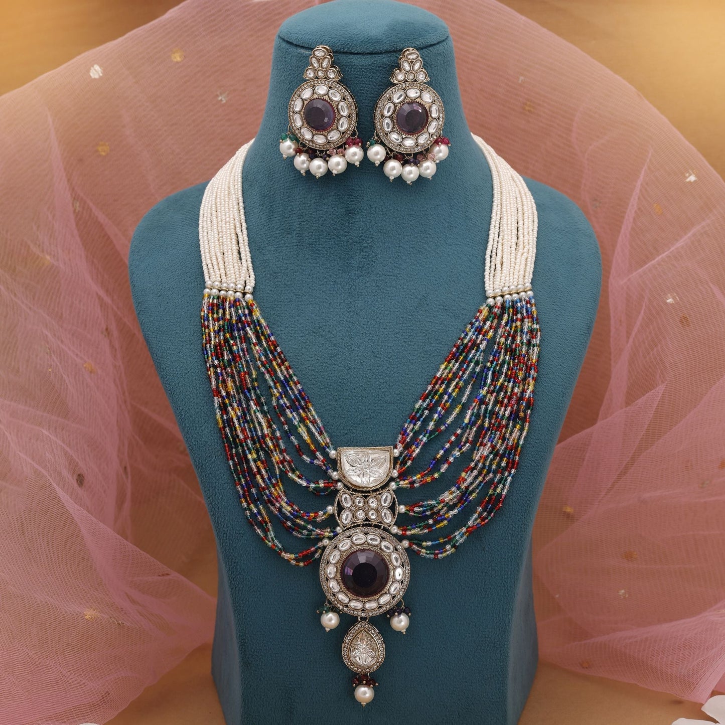 Multi Color Kundan Necklace Set With Vibrant Festive Stone Detailing