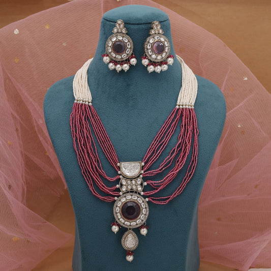 Magenta Color Kundan Necklace Set With Bold Bridal Inspired Styling