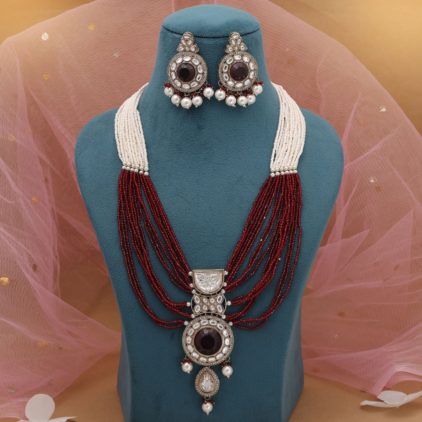 Maroon Color Kundan Necklace Set Featuring Royal Festive Ethnic Design