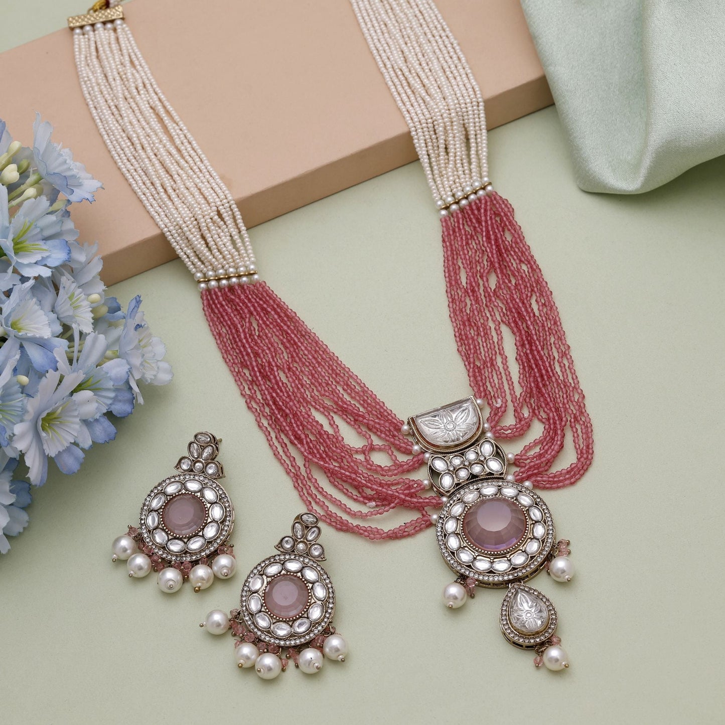 Pink Color Kundan Necklace Set With Elegant Traditional Wedding Appeal
