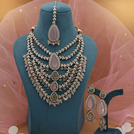 Pink & Pista Green Color Kundan Necklace Set With Dual Tone Elegance