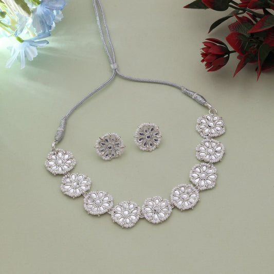 White Color Traditional Royal Bridal Kundan Necklace Set With Elegant Ethnic Stone Work