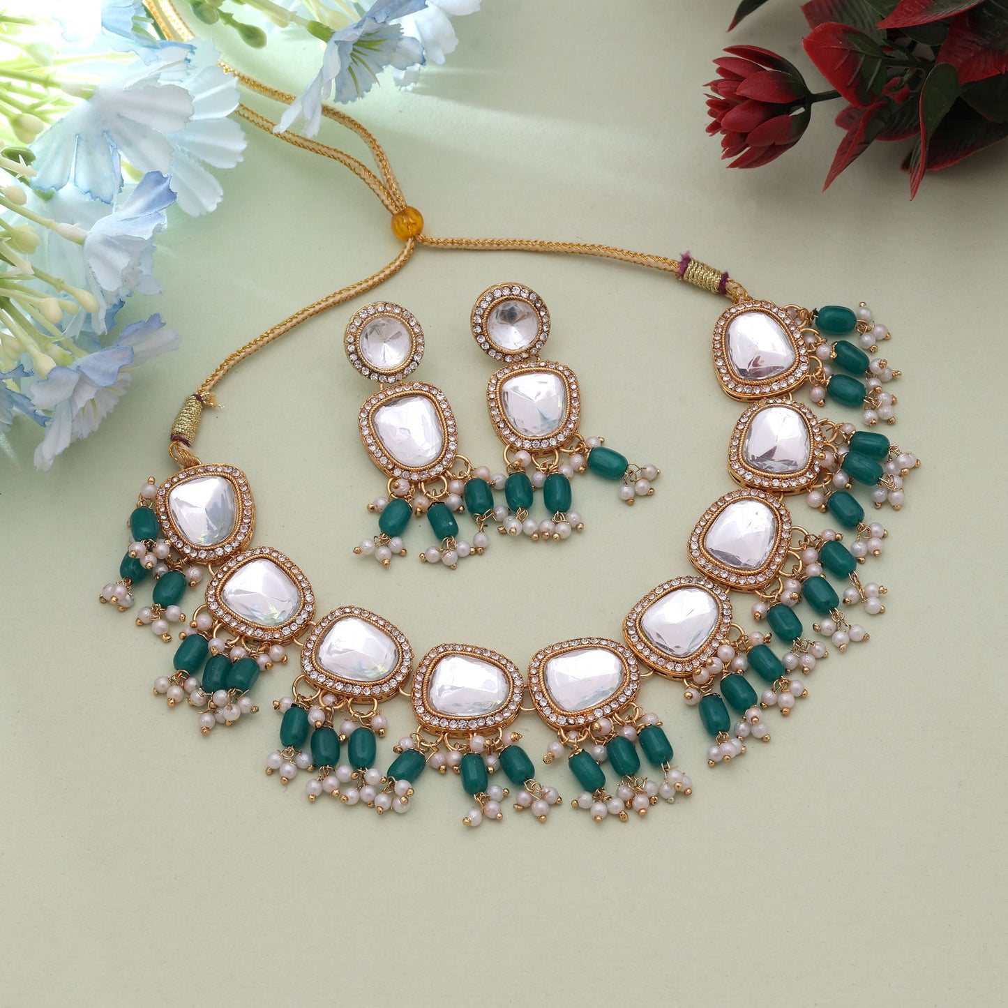 Green Color Ethnic Festive Wear Kundan Necklace Set With Traditional Royal Design