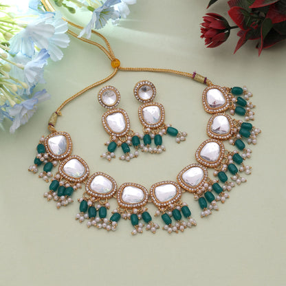 Green Color Ethnic Festive Wear Kundan Necklace Set With Traditional Royal Design