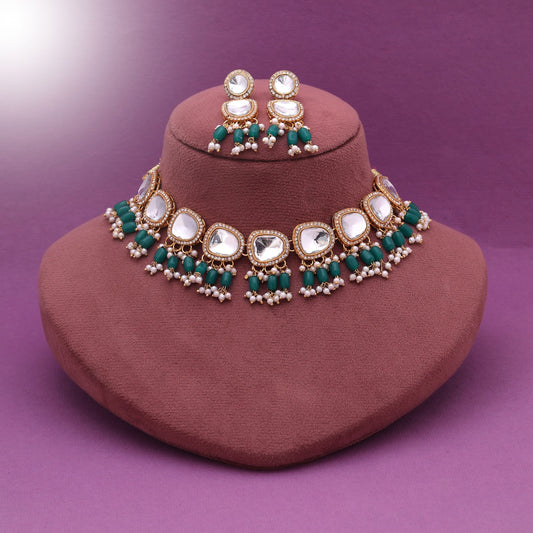 Green Color Ethnic Festive Wear Kundan Necklace Set With Traditional Royal Design