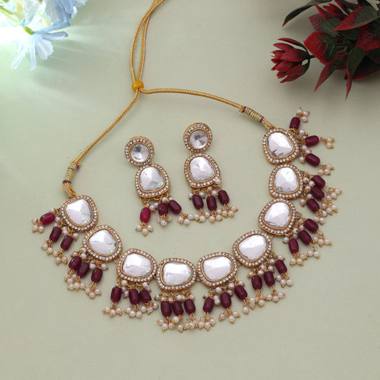 Maroon Color Designer Wedding Wear Kundan Necklace Set With Classic Royal Look