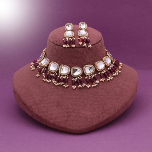 Maroon Color Designer Wedding Wear Kundan Necklace Set With Classic Royal Look