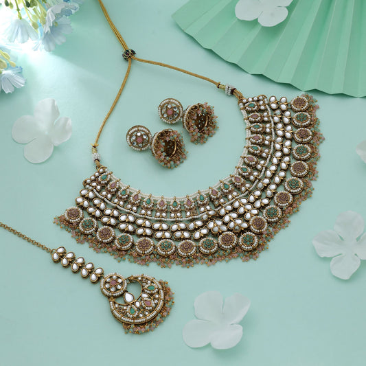 Pink & Pista Green Color Kundan Necklace Set With Elegant Traditional Wedding Jewelry Design