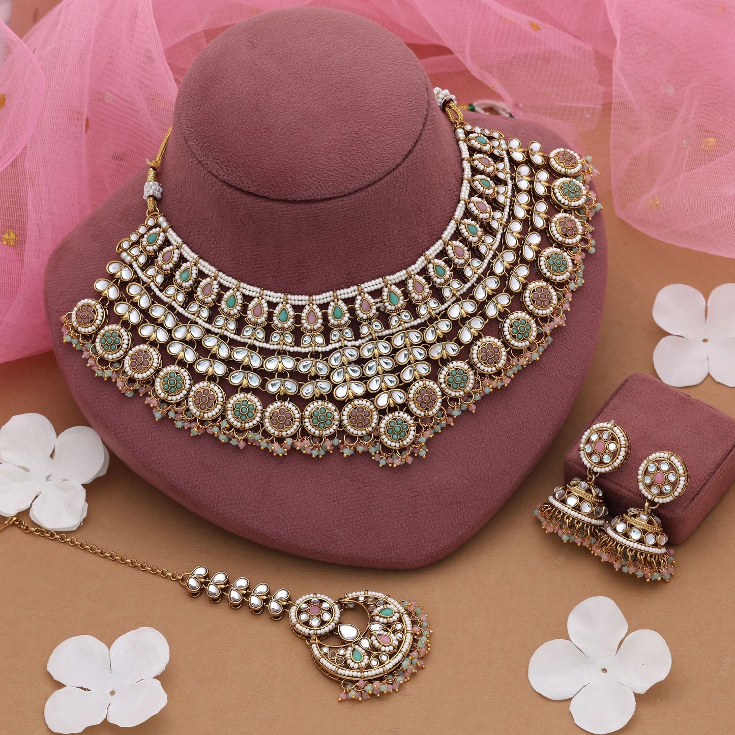 Pink & Pista Green Color Kundan Necklace Set With Elegant Traditional Wedding Jewelry Design