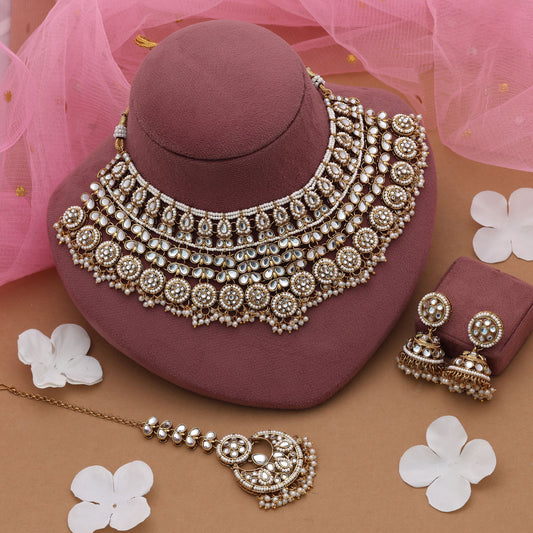 White Color Kundan Necklace Set With Classic Traditional Wedding Jewelry Look