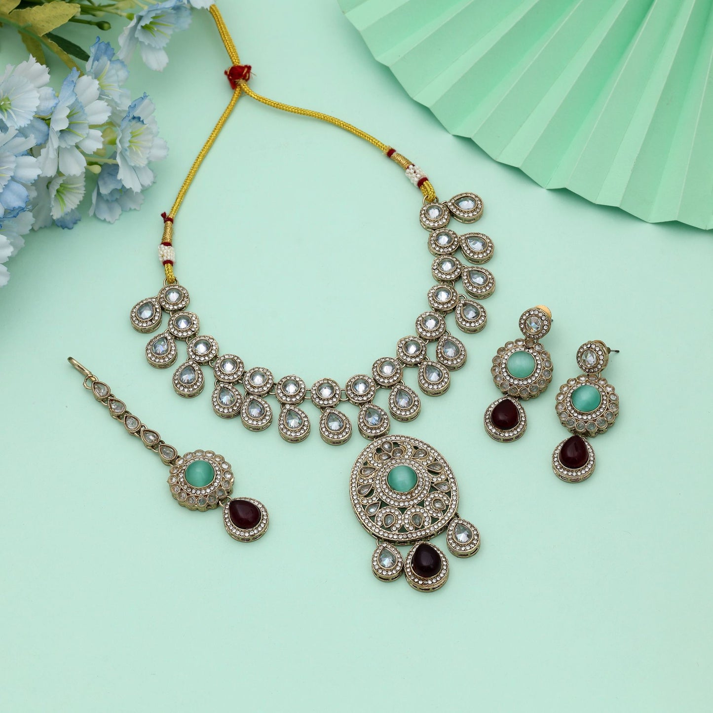 Maroon & Pista Green Color Kundan Necklace Set Rich Ethnic Bridal Jewelry Design