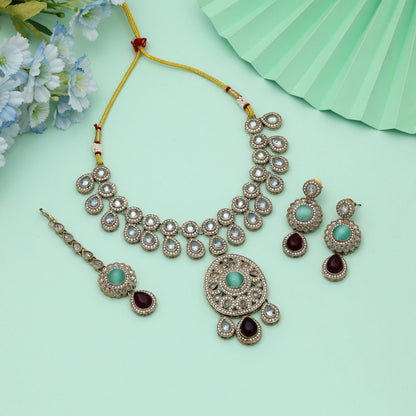 Maroon & Pista Green Color Kundan Necklace Set Rich Ethnic Bridal Jewelry Design