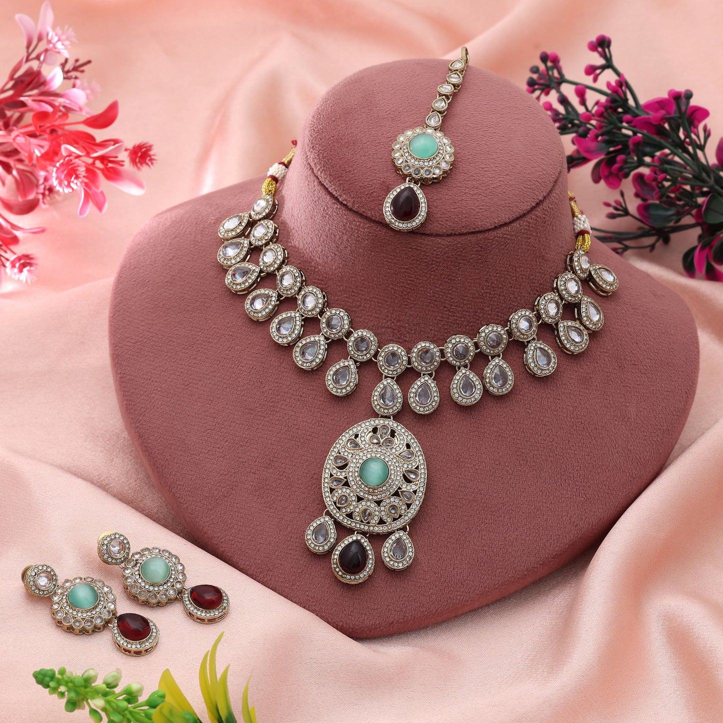 Maroon & Pista Green Color Kundan Necklace Set Rich Ethnic Bridal Jewelry Design