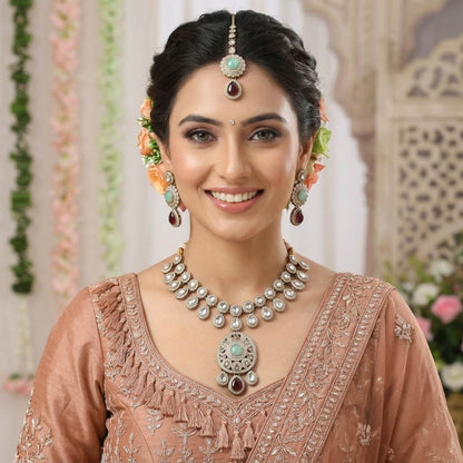 Maroon & Pista Green Color Kundan Necklace Set Rich Ethnic Bridal Jewelry Design