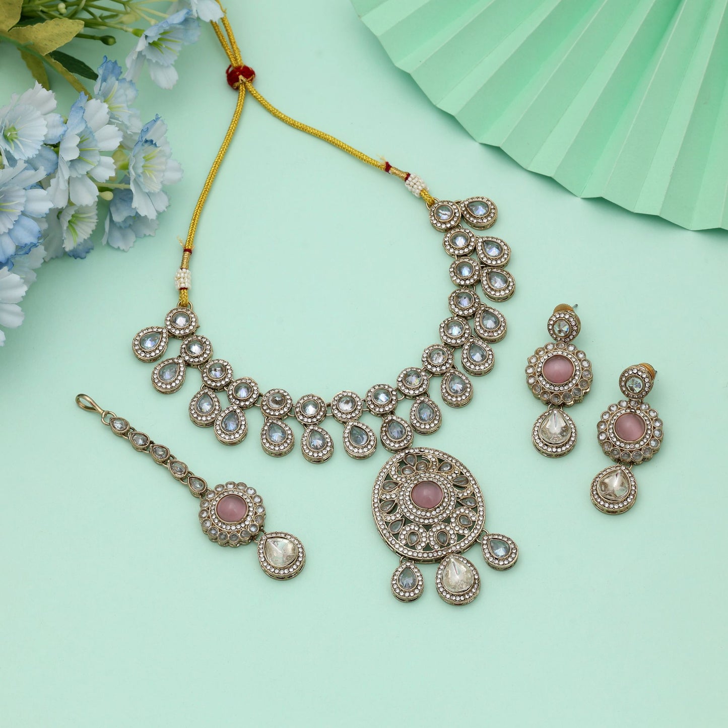 Pink Color Kundan Necklace Set Charming Feminine Ethnic Wedding Jewelry Design Style