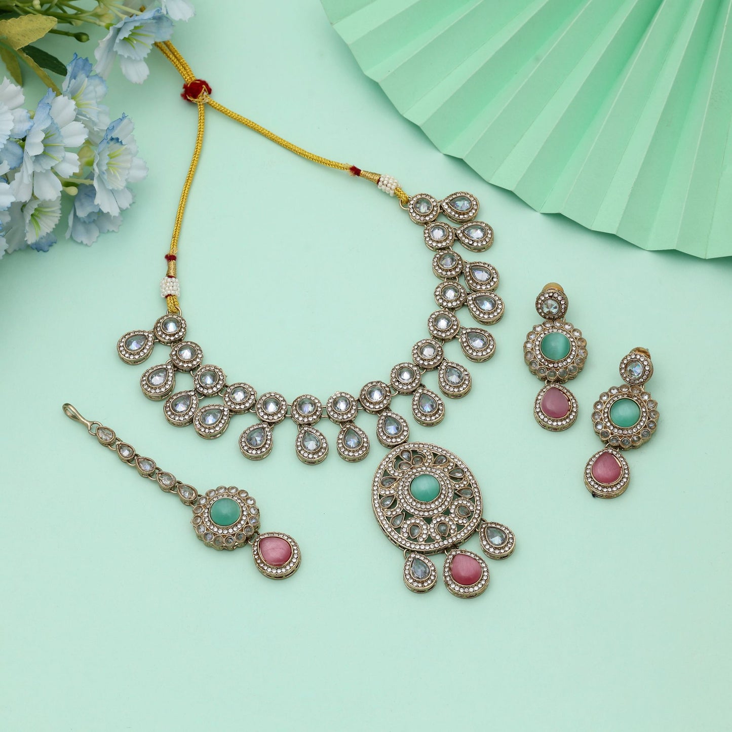 Rosa & Pistaziengrün Kundan Halskette Set Zweifarbig Festlicher Traditioneller Schmuck