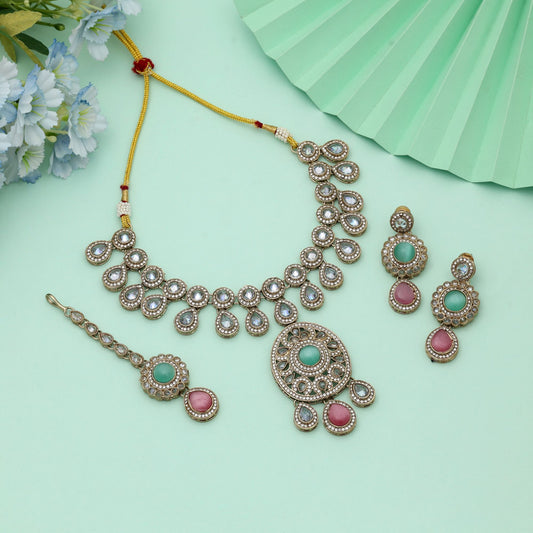 Pink & Pista Green Color Kundan Necklace Set Dual Tone Festive Traditional Jewelry