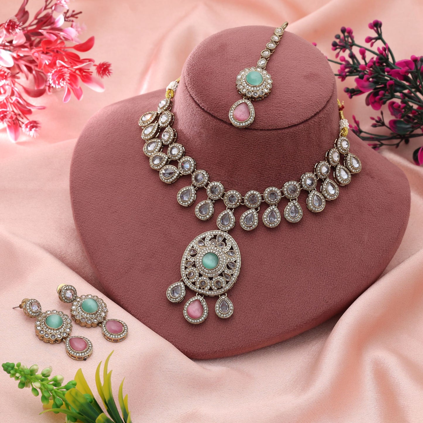 Rosa & Pistaziengrün Kundan Halskette Set Zweifarbig Festlicher Traditioneller Schmuck