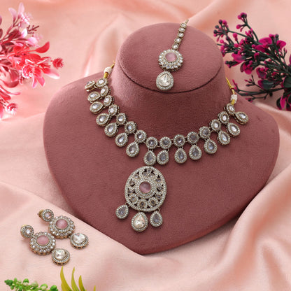 Pink Color Kundan Necklace Set Charming Feminine Ethnic Wedding Jewelry Design Style
