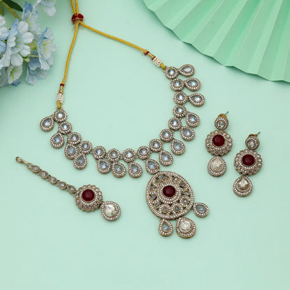 Red Color Kundan Necklace Set Royal Traditional Wedding Jewelry With Elegant Finish