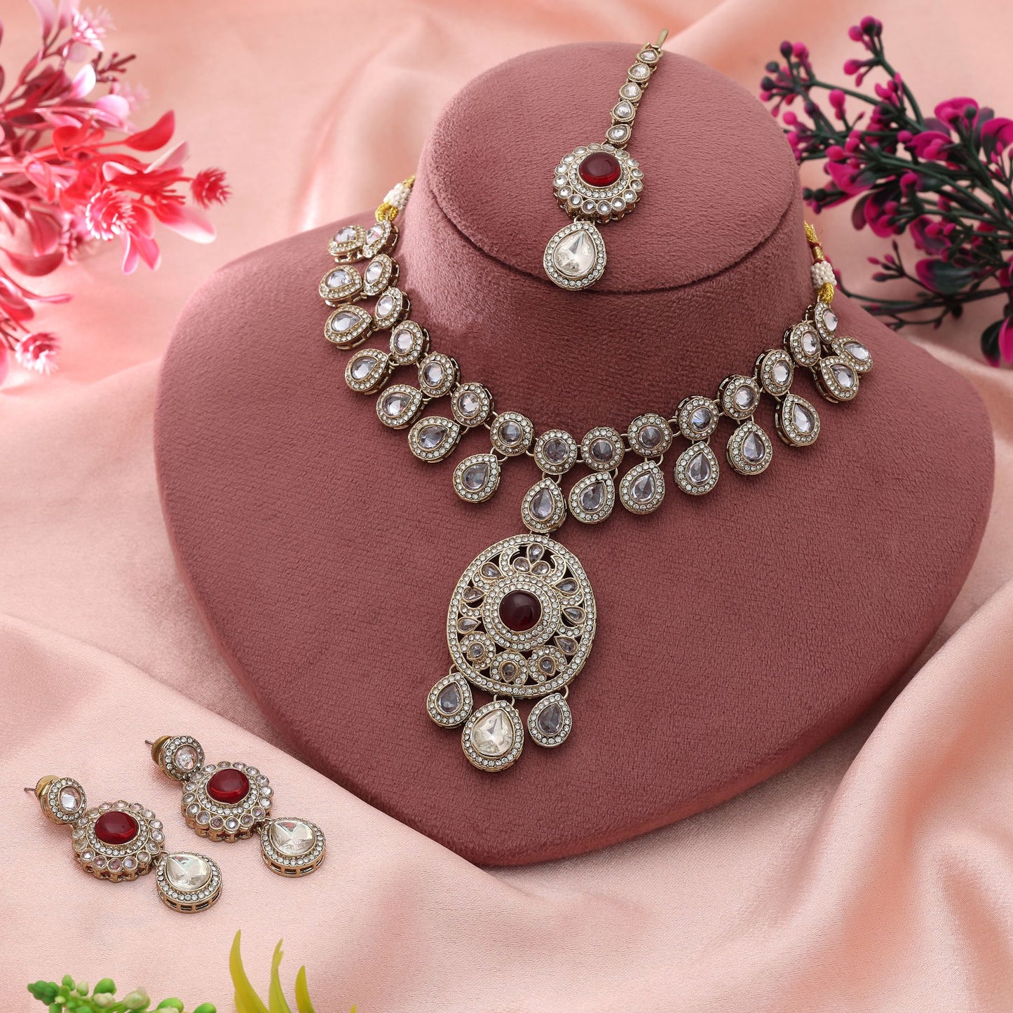 Red Color Kundan Necklace Set Royal Traditional Wedding Jewelry With Elegant Finish